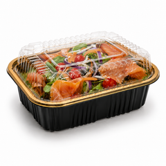 Premium REF 140 20oz Black & Gold Food Container with Clear Lid