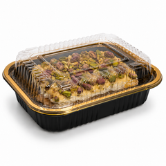 Premium REF 180 30oz Black & Gold Food Container with Clear Lid