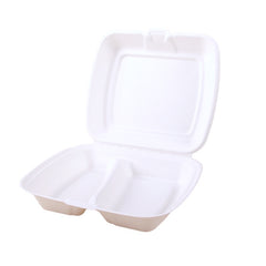 Bagasse Clamshell Meal Boxes 9x8" 2 Compartment