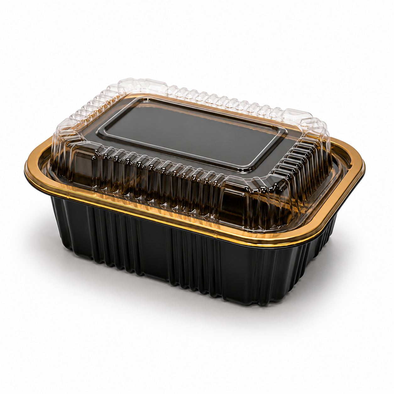 Premium REF 140 20oz Black & Gold Food Container with Clear Lid