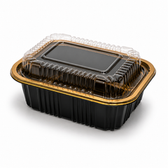 Premium REF 140 20oz Black & Gold Food Container with Clear Lid