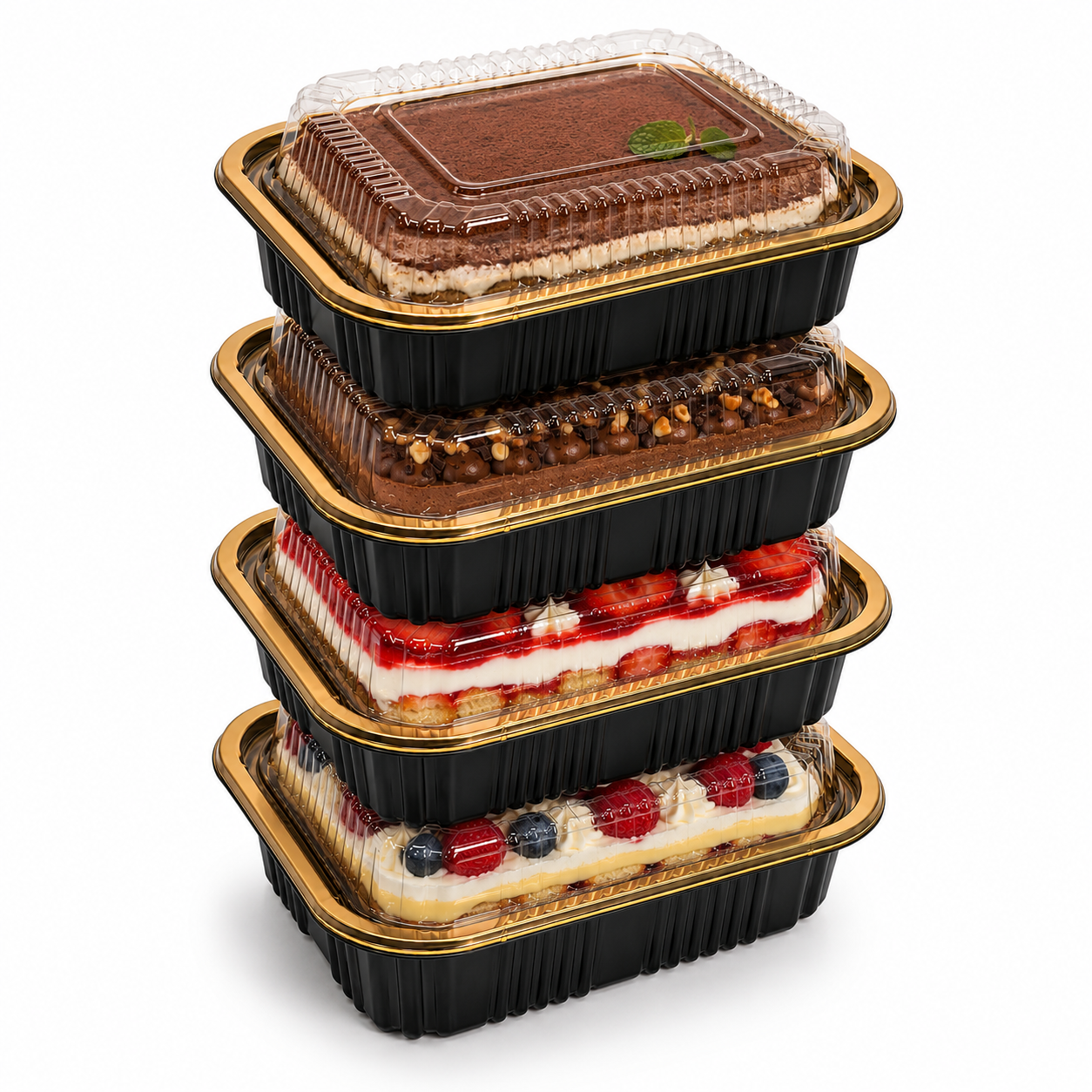 Premium REF 140 20oz Black & Gold Food Container with Clear Lid