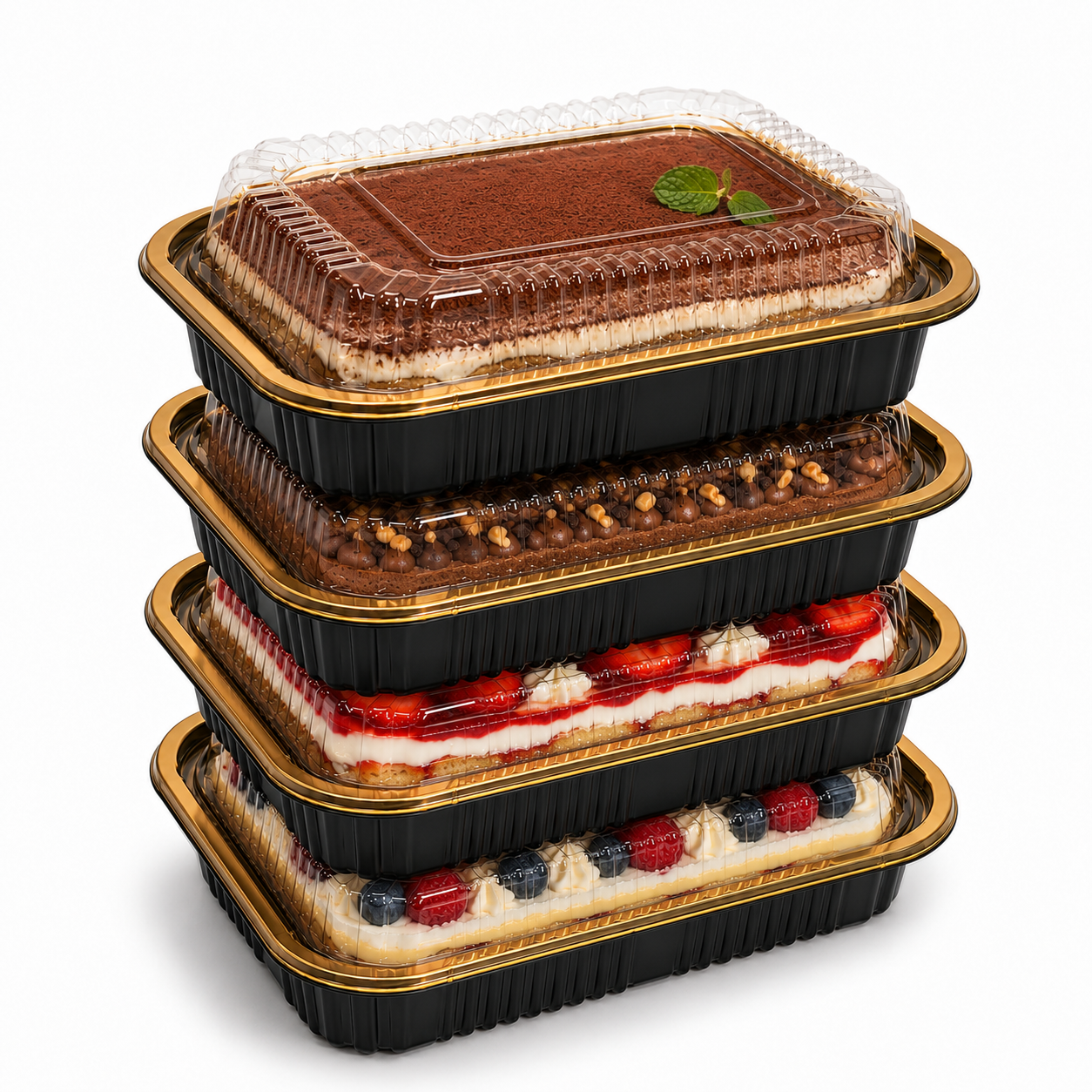 Premium REF 180 30oz Black & Gold Food Container with Clear Lid