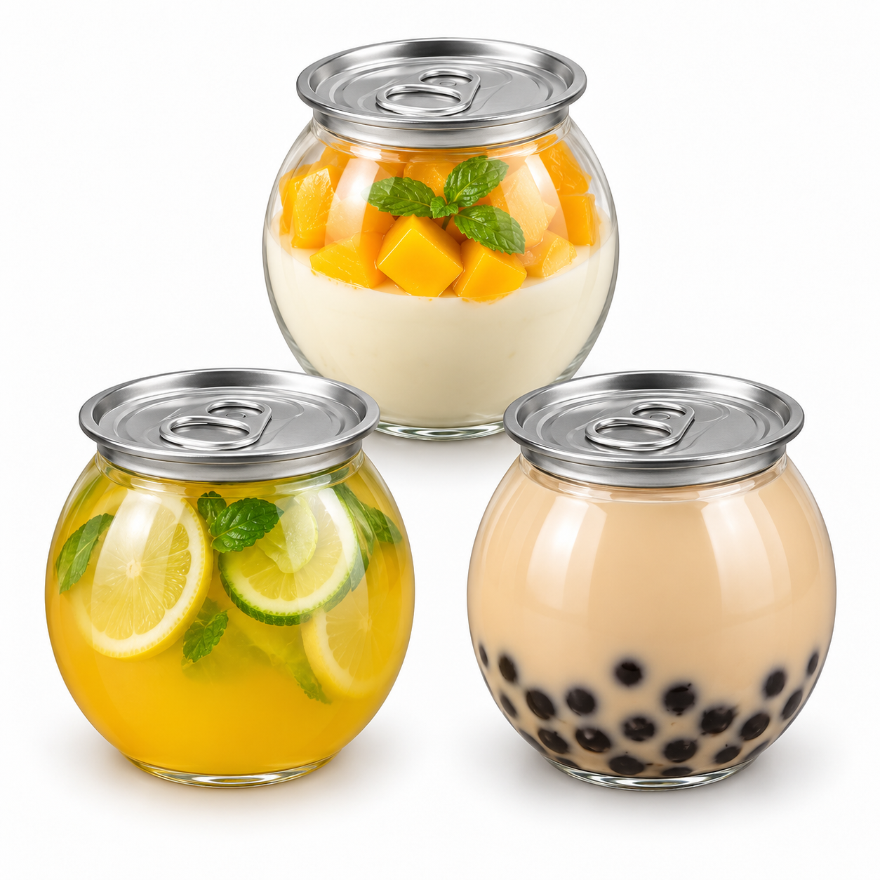 210ml Round Glass Cans With Aluminium SOT Lids  – Bubble Tea, Sweets & Snacks