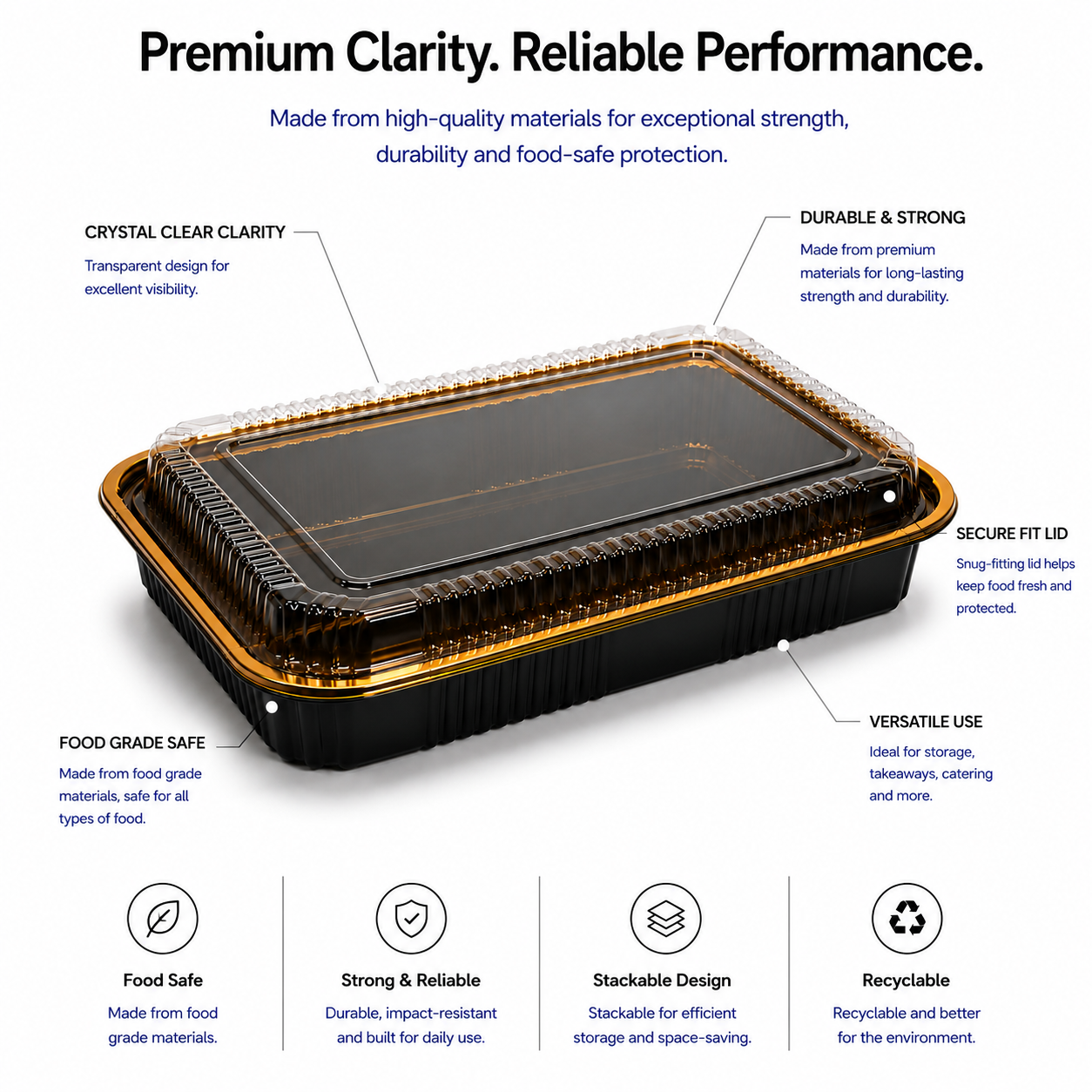 Premium REF 330 75oz Black & Gold Food Container with Clear Lid