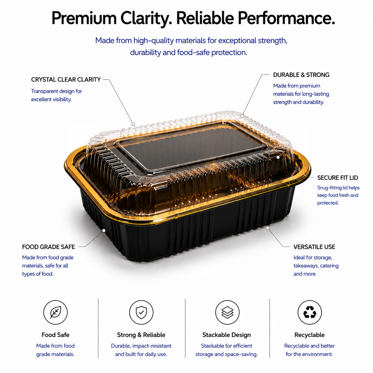 Premium REF 180 30oz Black & Gold Food Container with Clear Lid