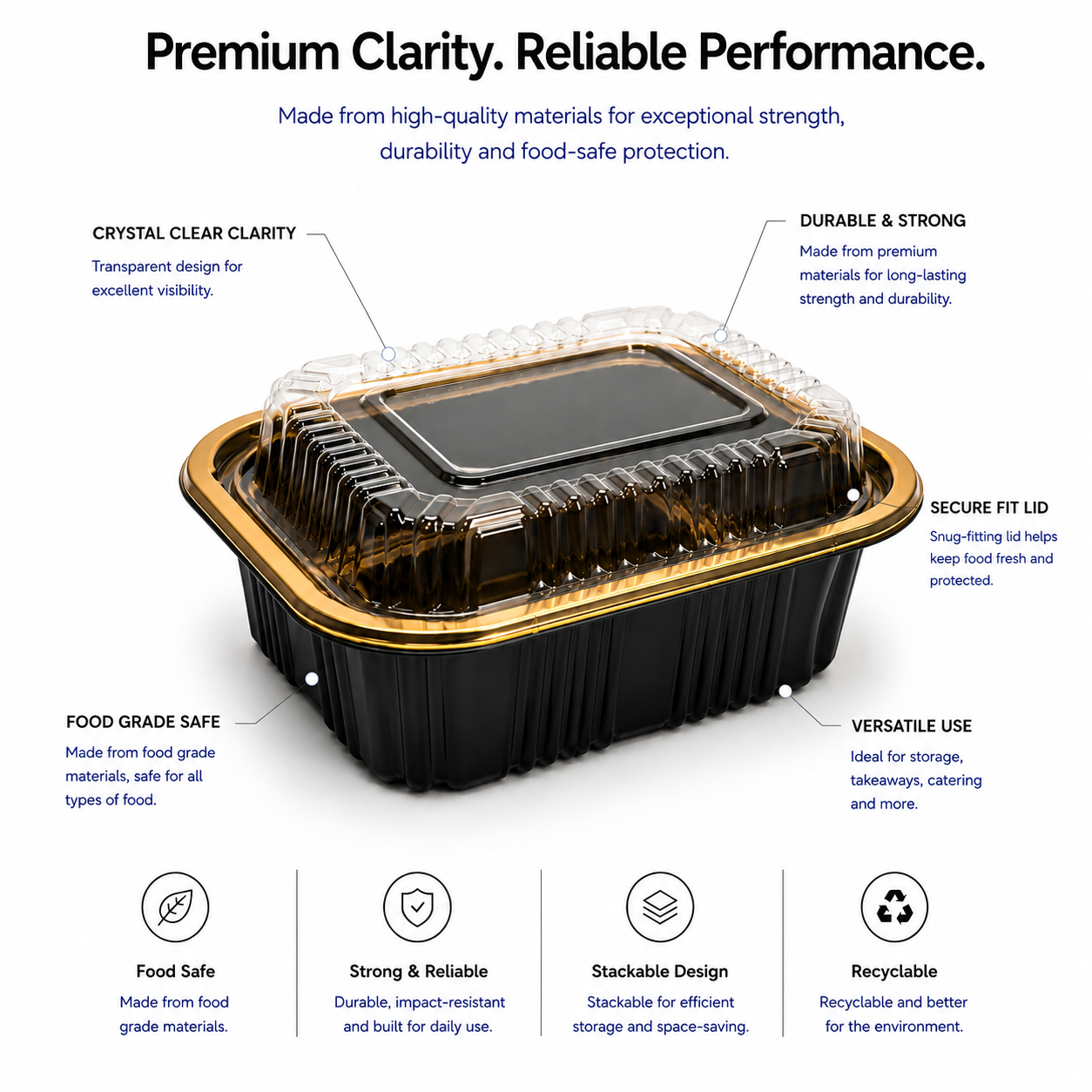 Premium REF 140 20oz Black & Gold Food Container with Clear Lid