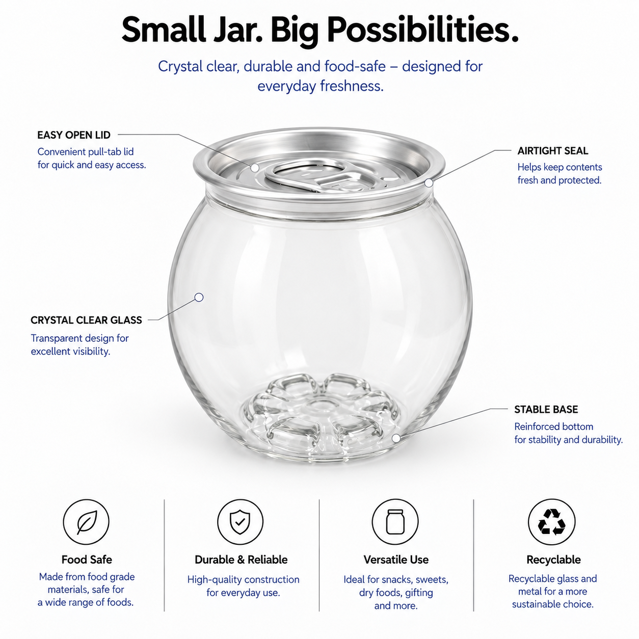 210ml Round Glass Cans With Aluminium SOT Lids  – Bubble Tea, Sweets & Snacks