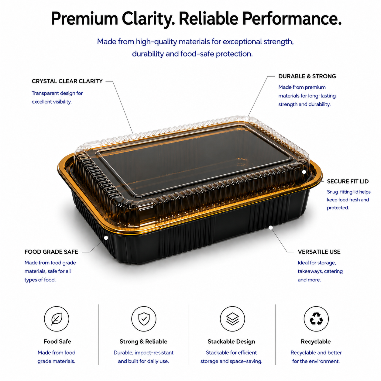 Premium REF 260 50oz Black & Gold Food Container with Clear Lid