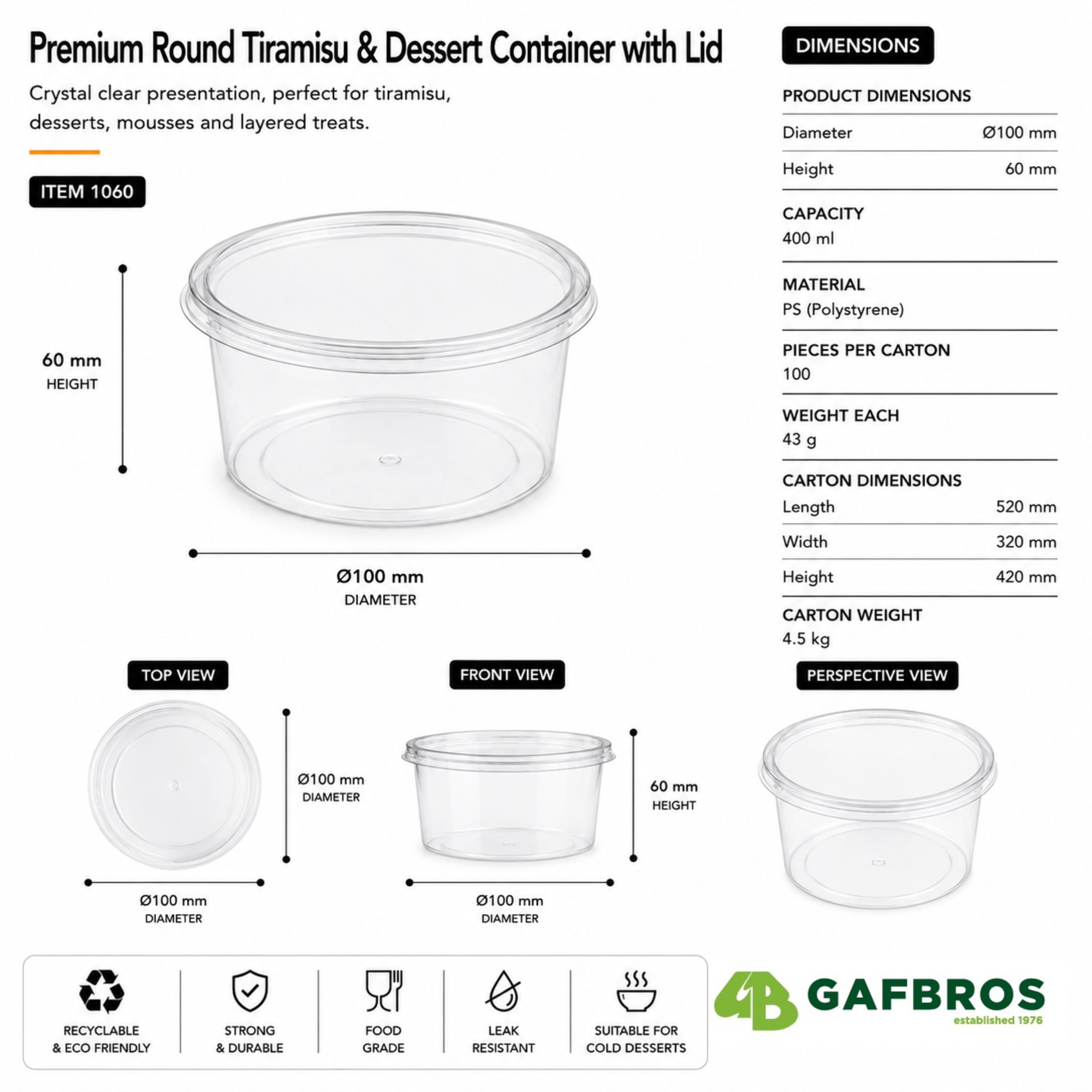 Clear Round 400ml Dessert Pot with Lid – Tiramisu & Cheesecake Container