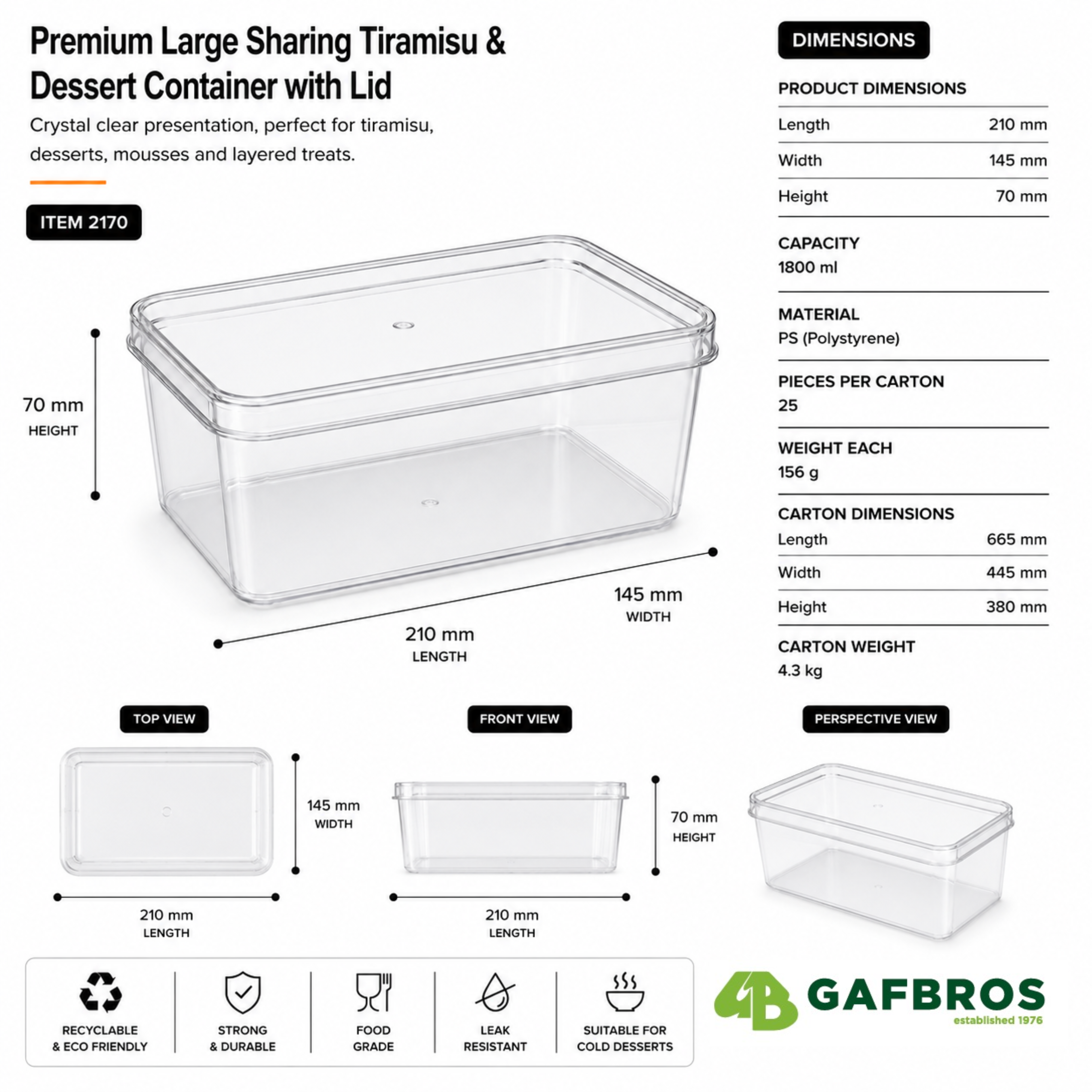 Clear Rectangular 1800ml Dessert Container with Lid – Tiramisu Tray