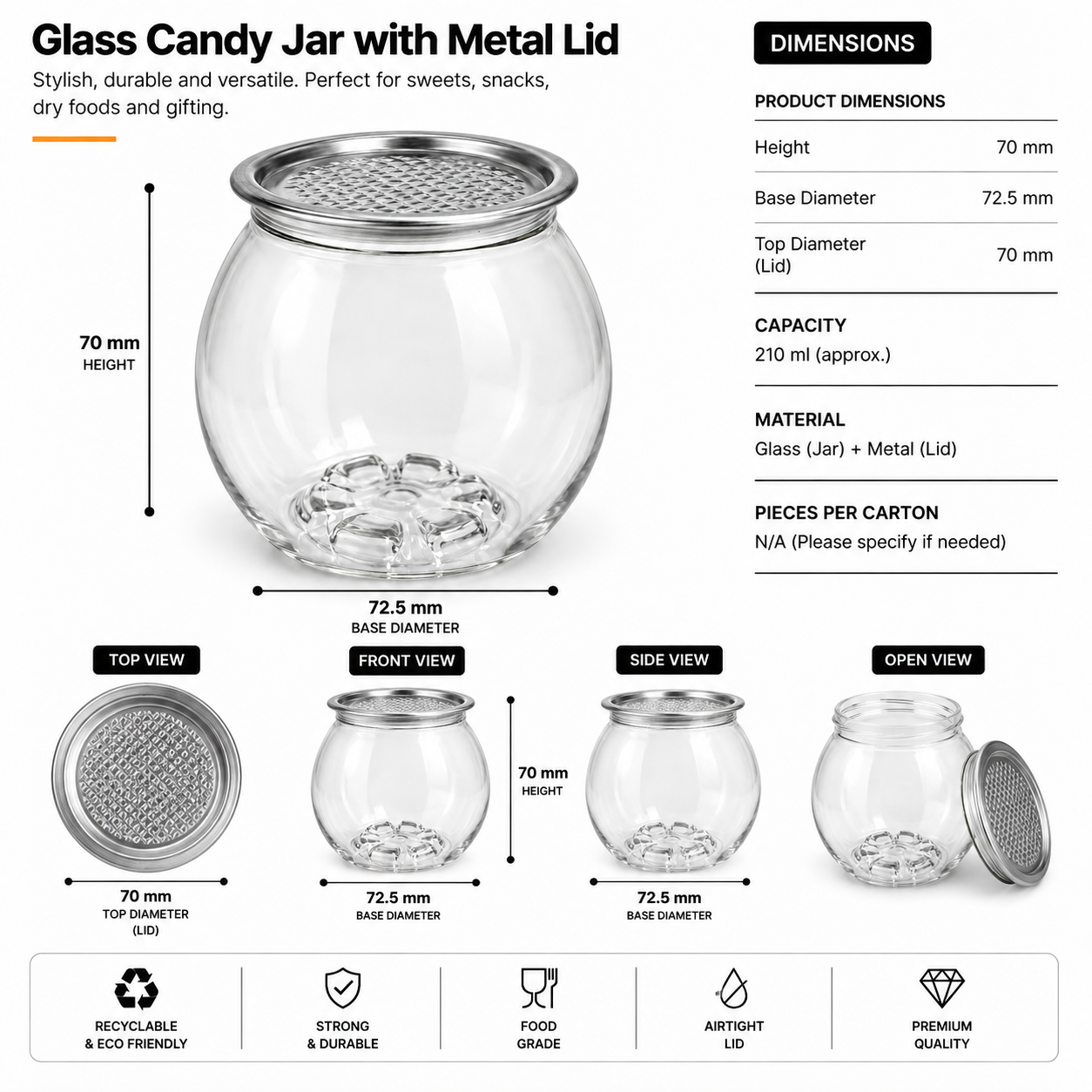 210ml Round Glass Cans With Aluminium SOT Lids  – Bubble Tea, Sweets & Snacks