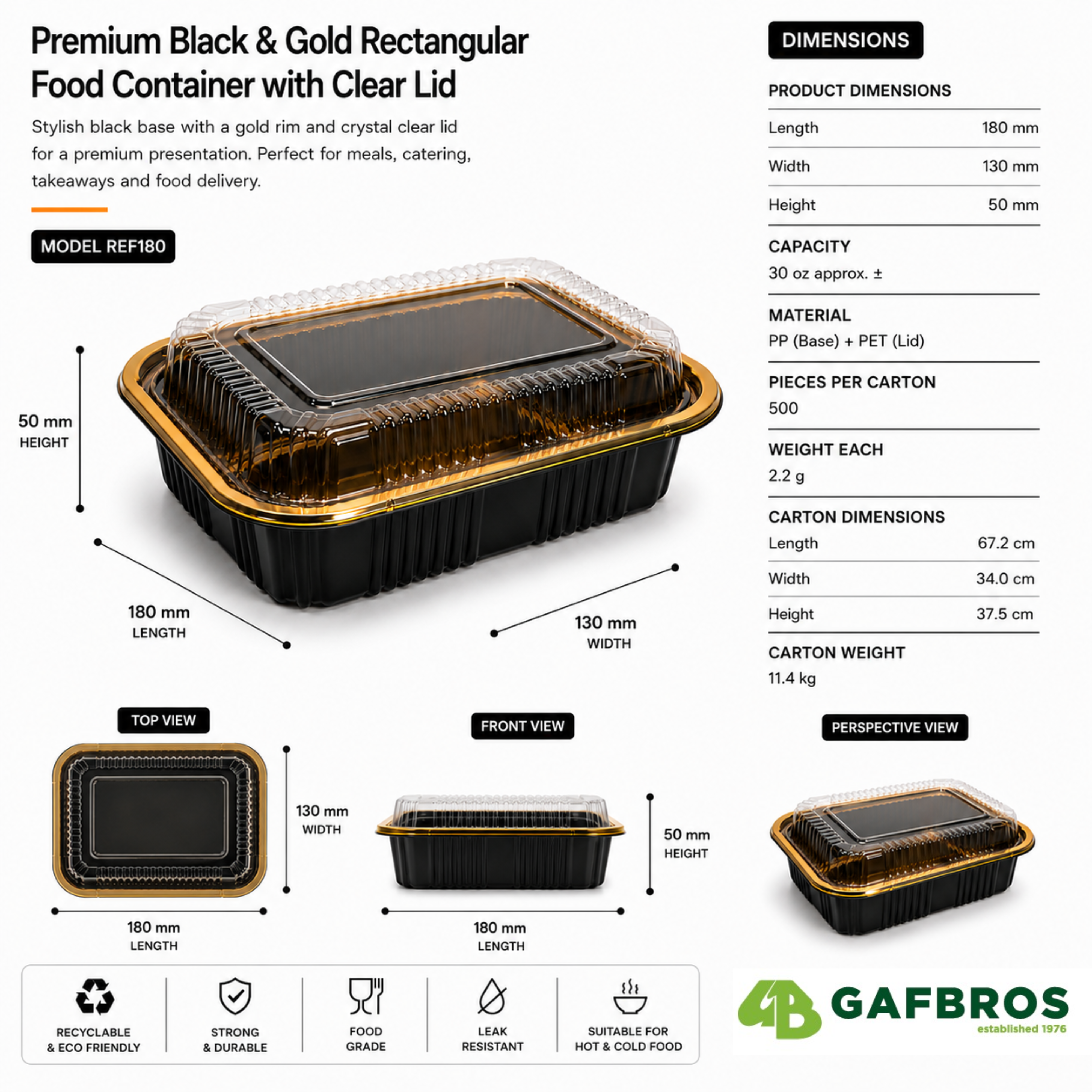 Premium REF 180 30oz Black & Gold Food Container with Clear Lid