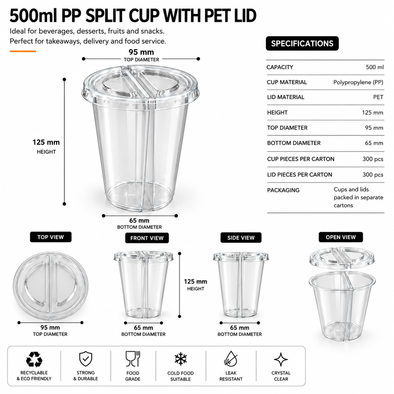 500ml PP Split Cups with PET Lids – Dual Compartment Bubble Tea Cups