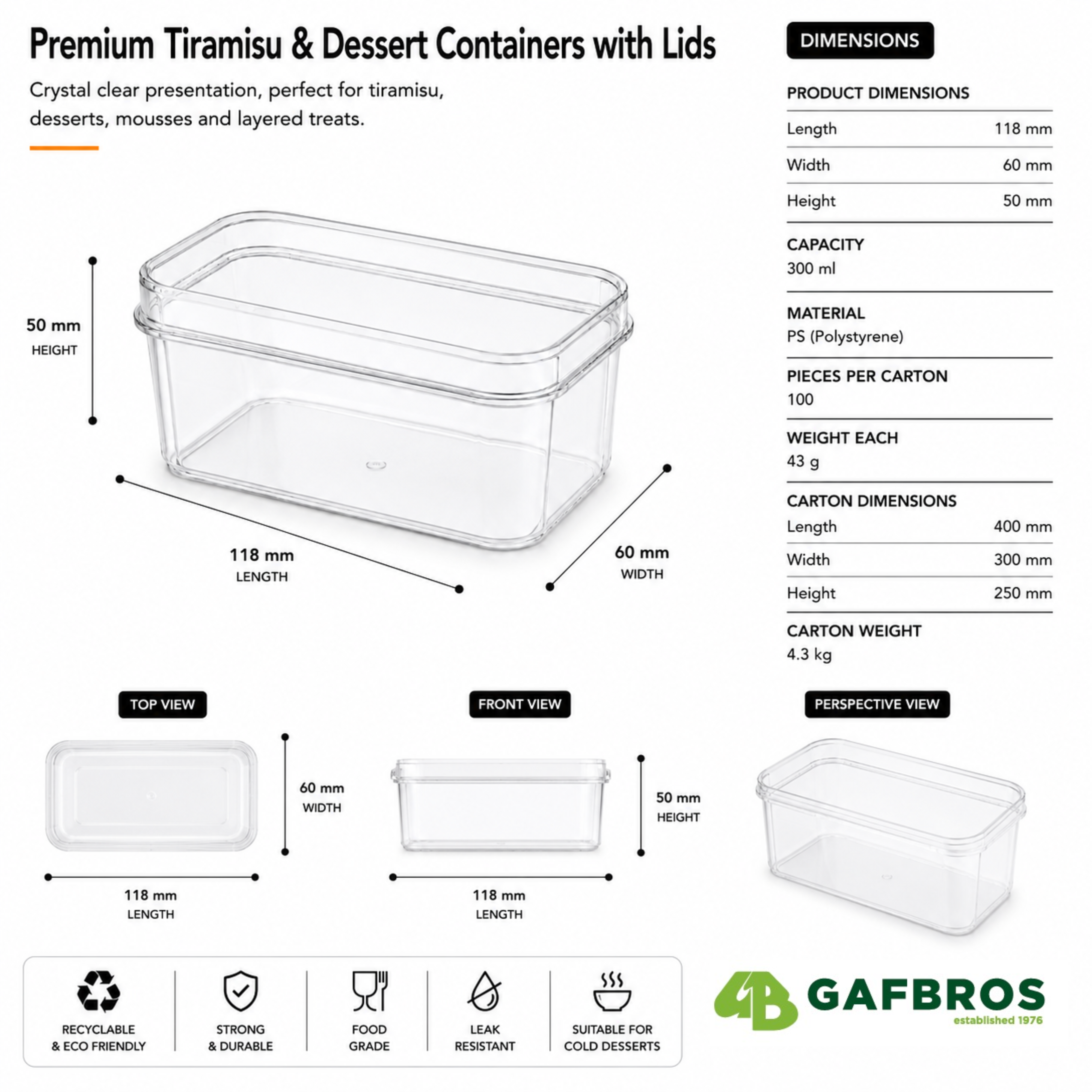 Clear Rectangular 300ml Dessert Pots with Lids – Tiramisu Containers