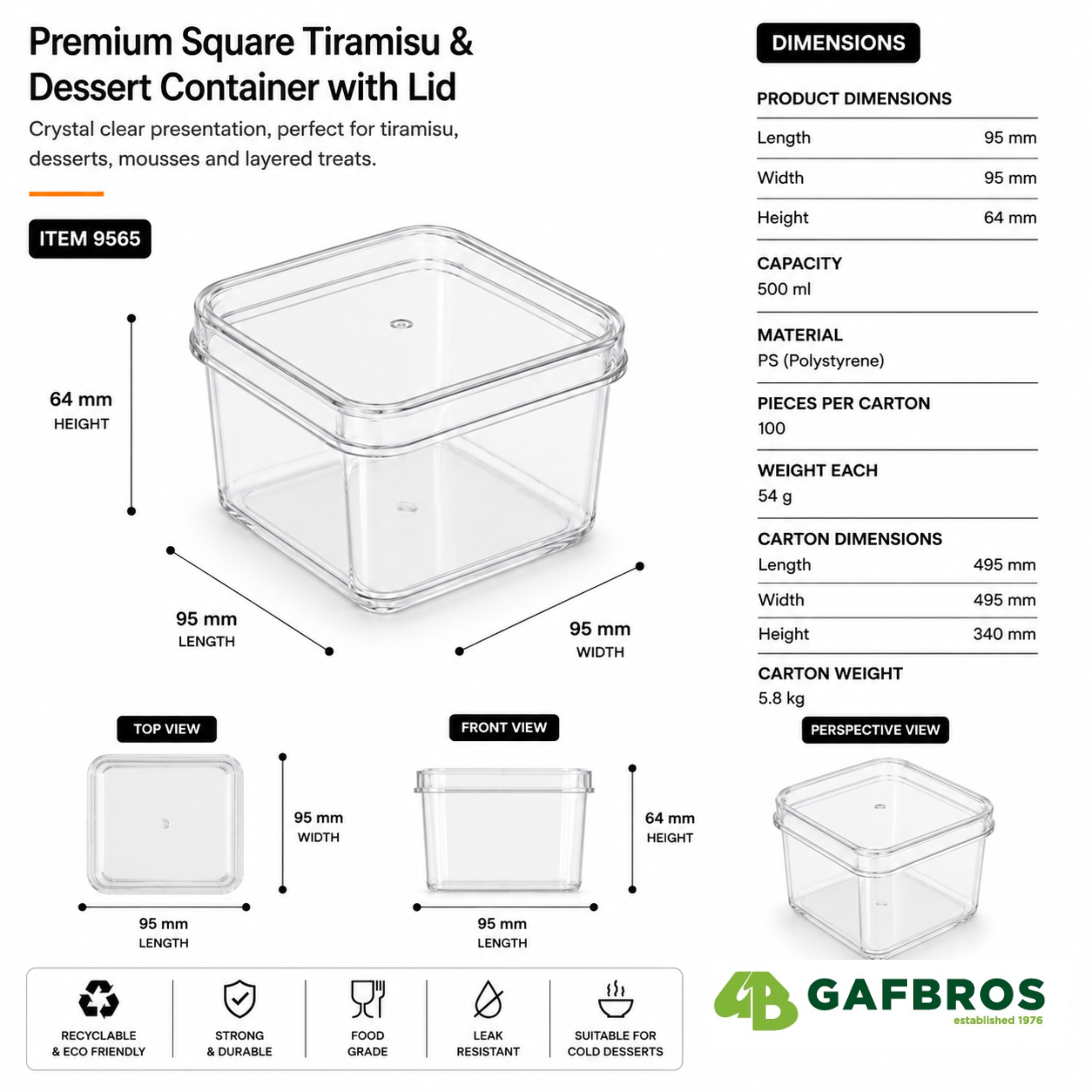 Clear Square 500ml Dessert Pots with Lids – Tiramisu & Cake Containers