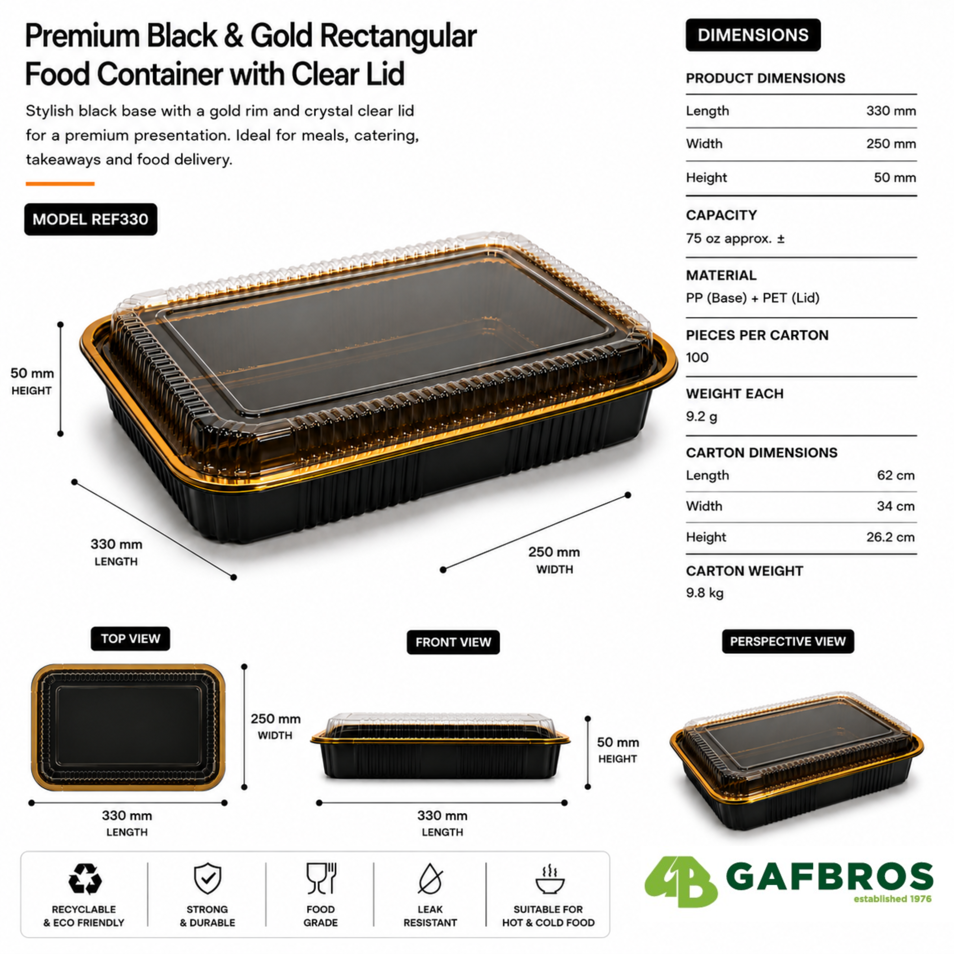 Premium REF 330 75oz Black & Gold Food Container with Clear Lid