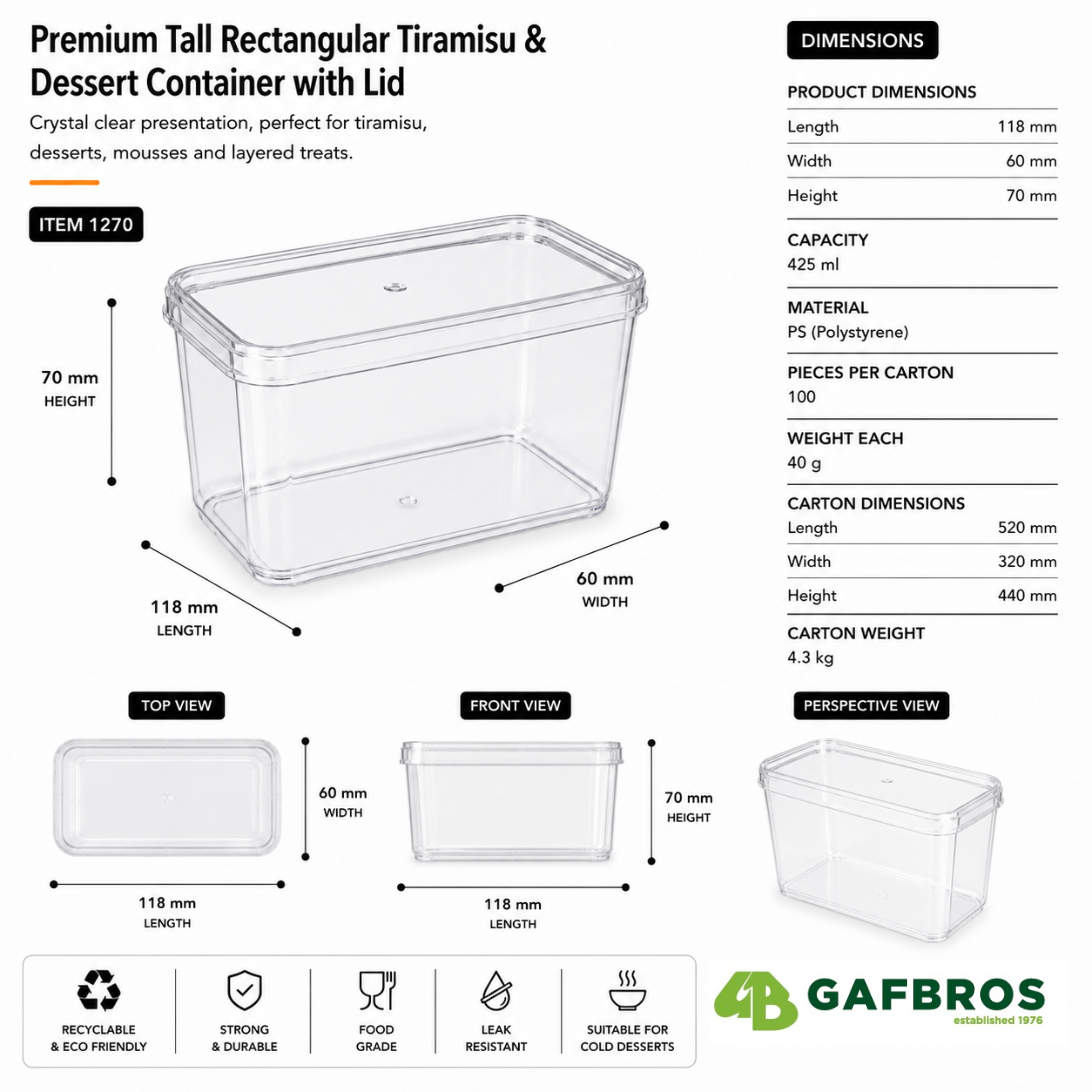 Clear Rectangular 425ml Dessert Pots with Lids – Tiramisu Containers