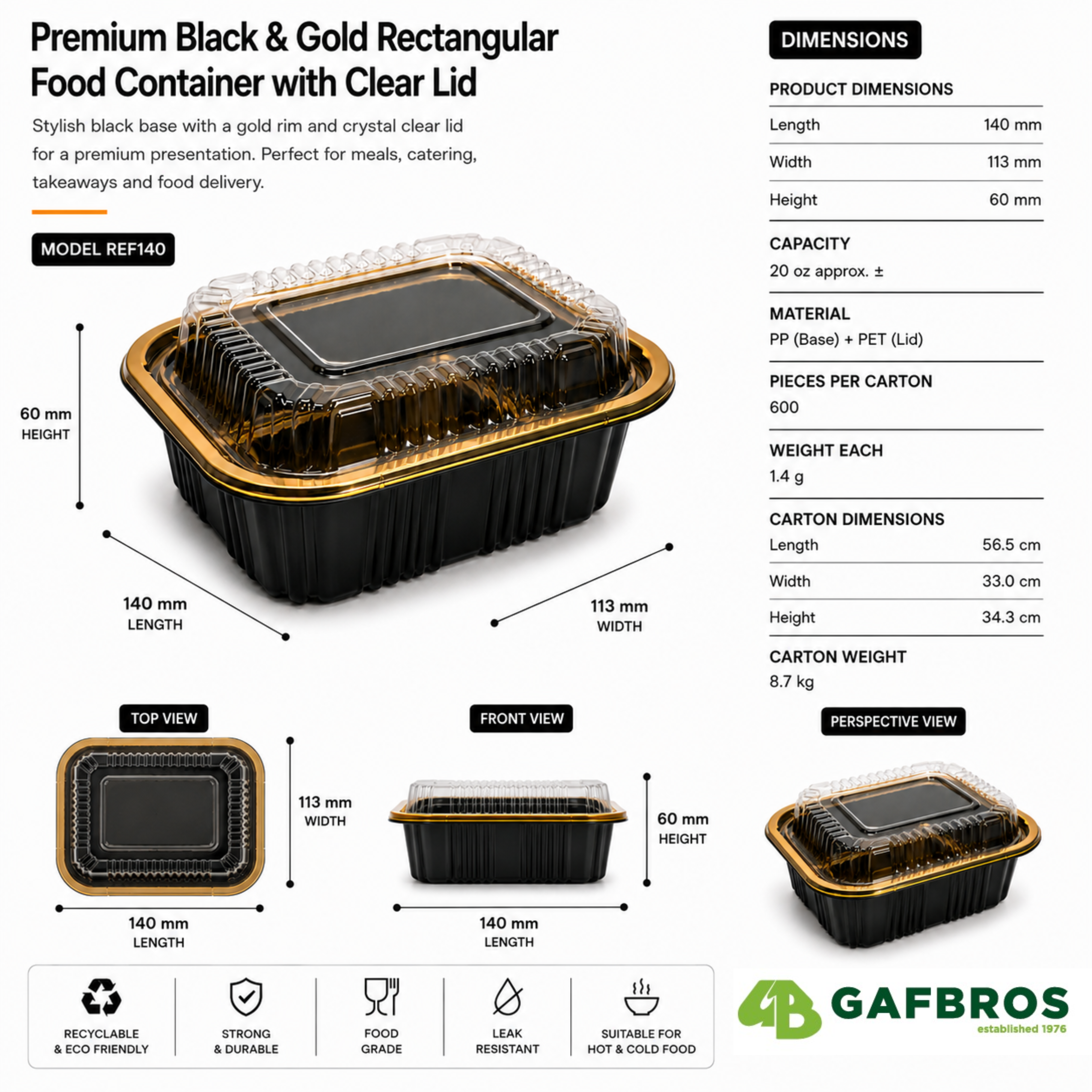Premium REF 140 20oz Black & Gold Food Container with Clear Lid