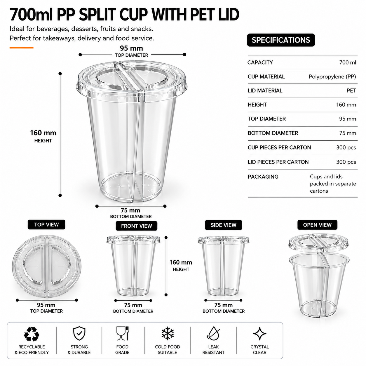 700ml PP Split Cups with PET Lids – Dual Compartment Bubble Tea Cups