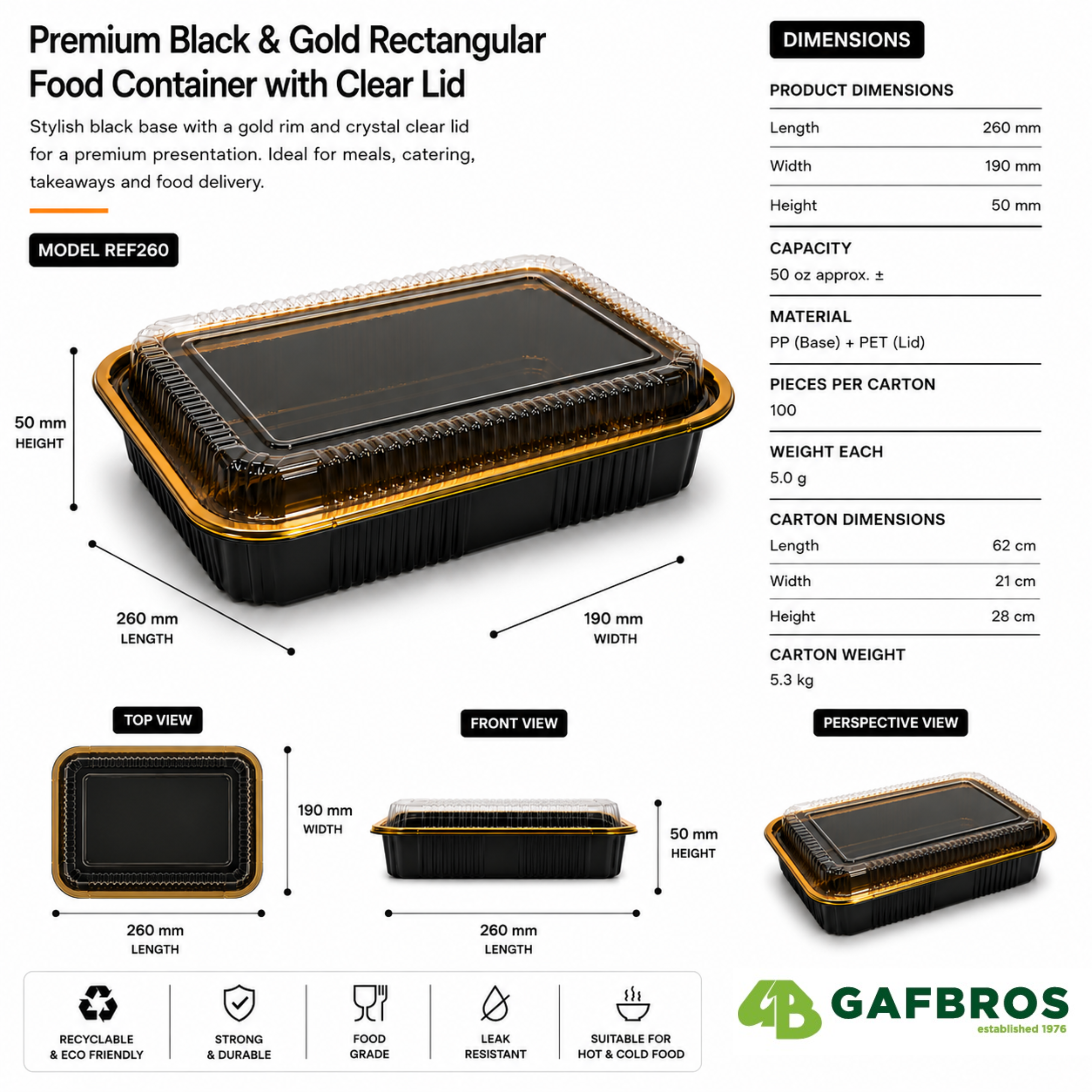 Premium REF 260 50oz Black & Gold Food Container with Clear Lid