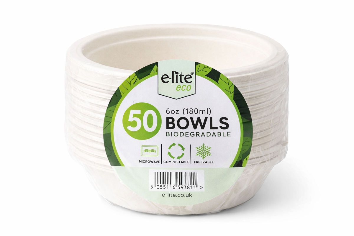 e-lite® 6oz Bagasse Disposable Bowls | Compostable Sugarcane Eco Friendly Party & Catering Bowls | Heavy Duty Bowls for Hot & Cold Food (1000)