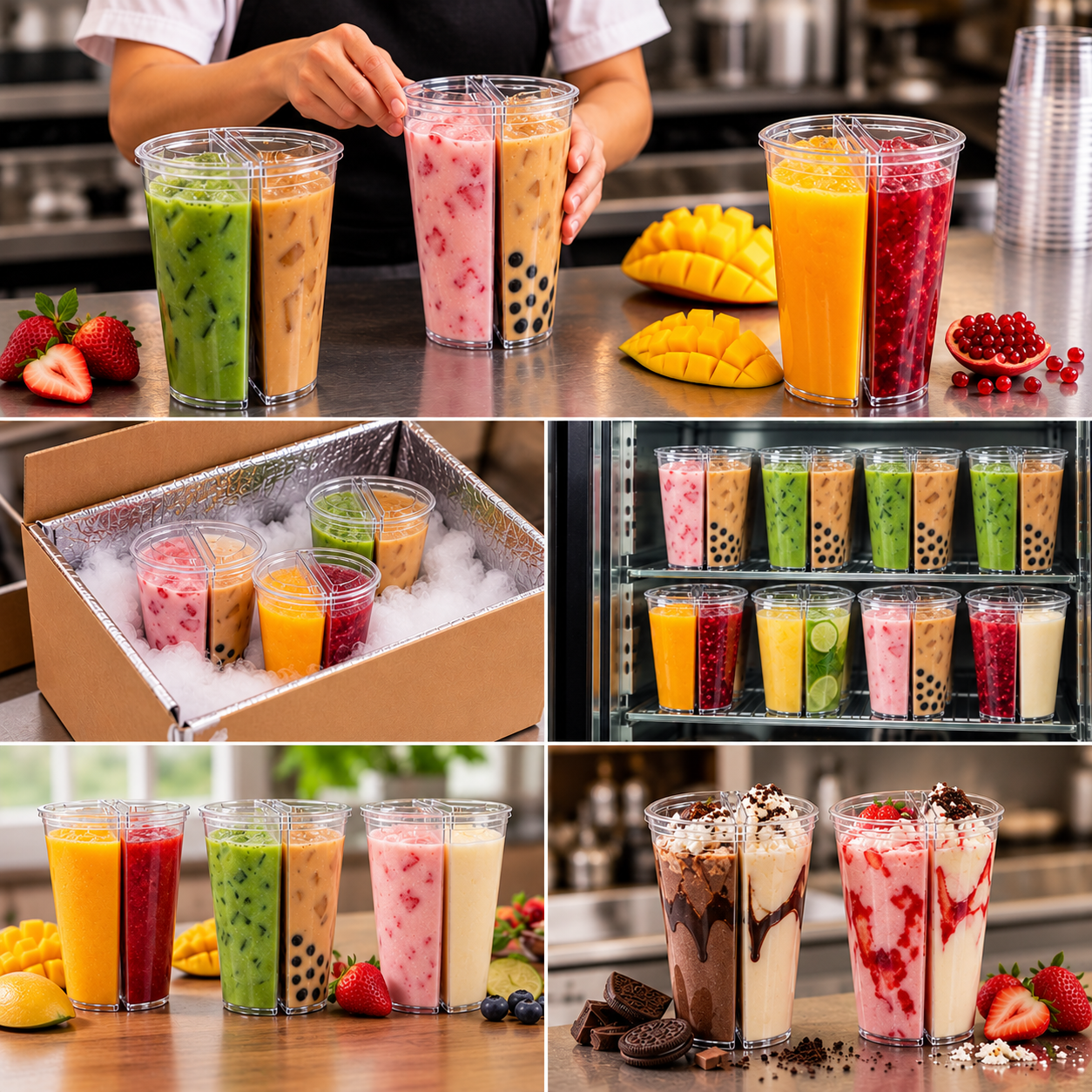 500ml PP Split Cups with PET Lids – Dual Compartment Bubble Tea Cups