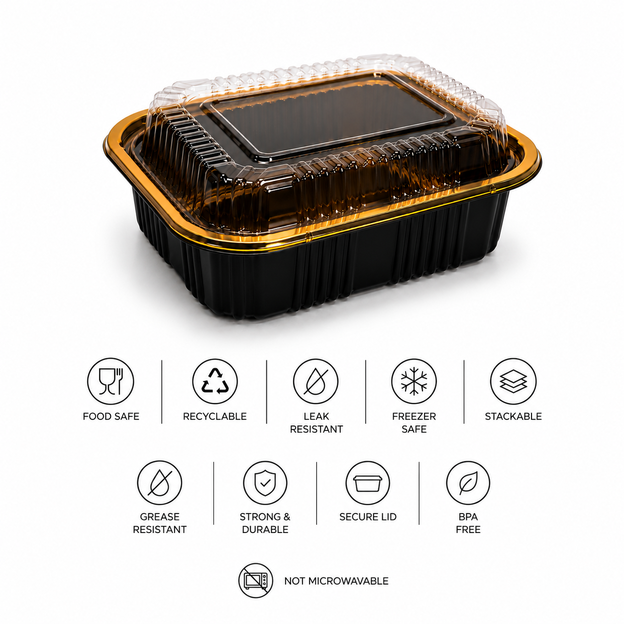 Premium REF 180 30oz Black & Gold Food Container with Clear Lid