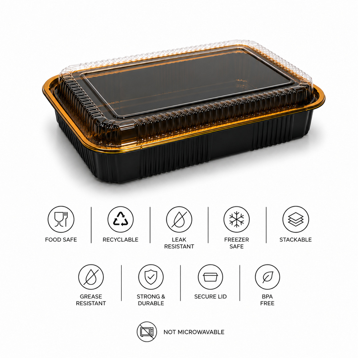 Premium REF 260 50oz Black & Gold Food Container with Clear Lid