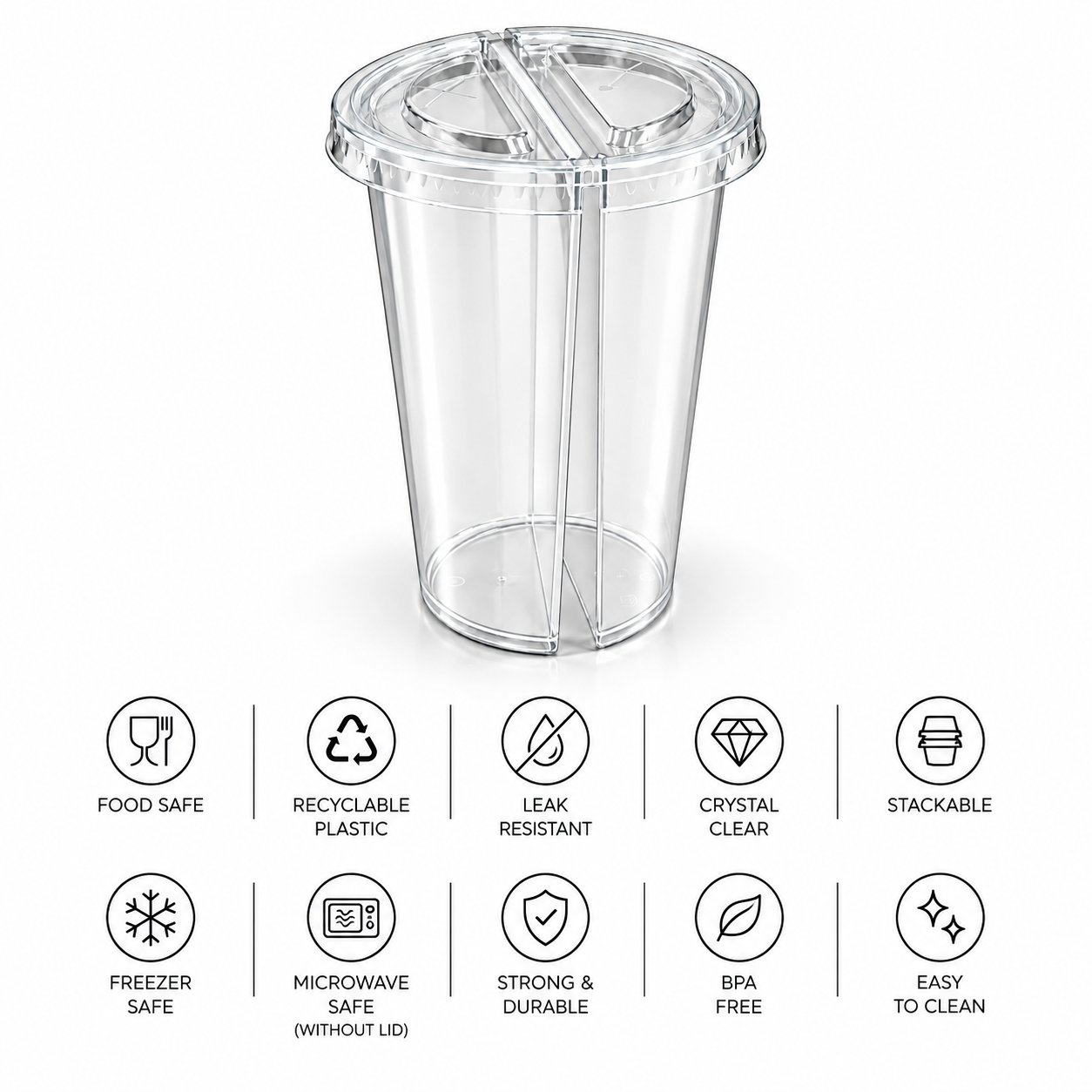 700ml PP Split Cups with PET Lids – Dual Compartment Bubble Tea Cups