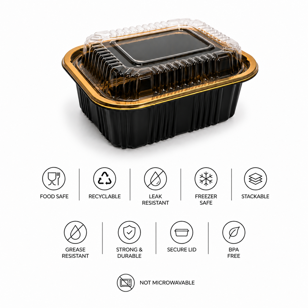 Premium REF 140 20oz Black & Gold Food Container with Clear Lid