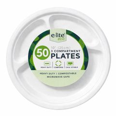 e-Lite® 10 Inch 3 Compartment Compostable Plates | Heavy Duty Sugarcane Bagasse Disposable Plates | Eco Friendly Divided Party & Catering Plates for Hot & Cold Food | Meal Plate (500)