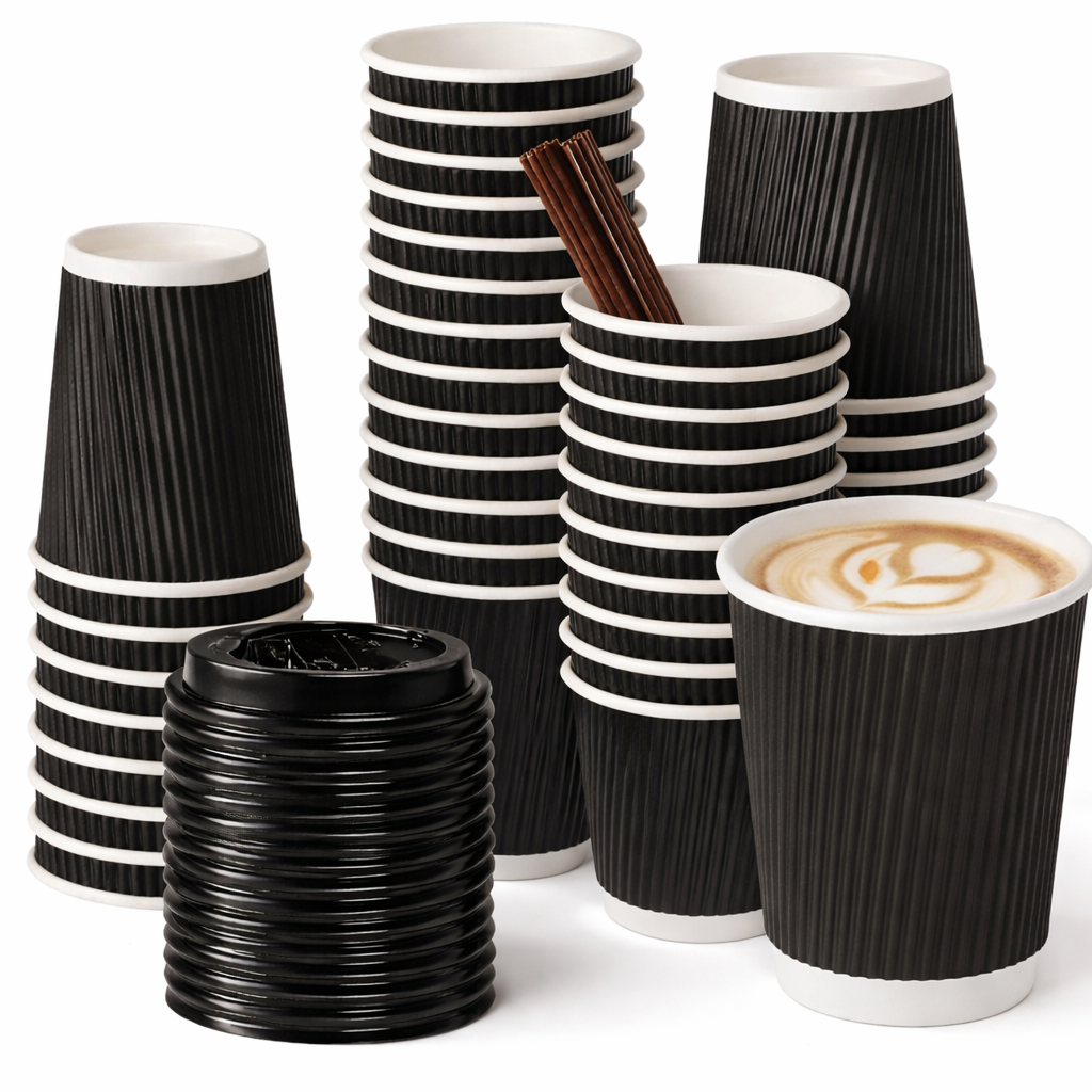 e-lite® Black Triple Wall Ripple Paper Coffee Cups, 4oz, Insulated Disposable Hot Drink Cups for Espresso, Coffee & Tea, 50 Count (Black Lids, 1000)