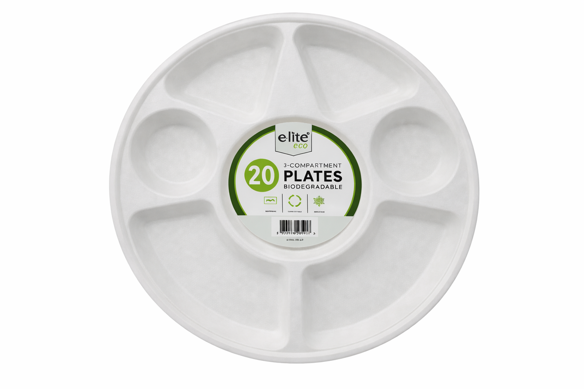 e-Lite® 7 Compartment Round Compostable Plates | Heavy Duty Sugarcane Bagasse Divided Party & Snack Serving Platters | Eco Friendly Disposable Catering Plates | Meal Plate | Buffet Plate (200)