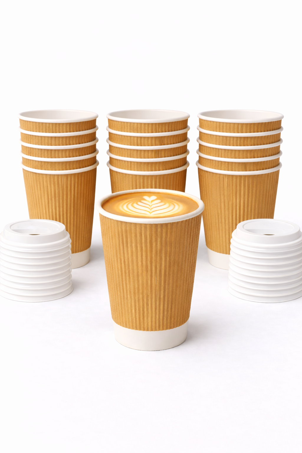 e-lite® 16oz Ripple Triple Wall Coffee Cups with Lids – Insulated Kraft Takeaway Cups for Hot Drinks, Chai & Tea – Brown Disposable Cups with Black or White Lids (White Lids, 1000)