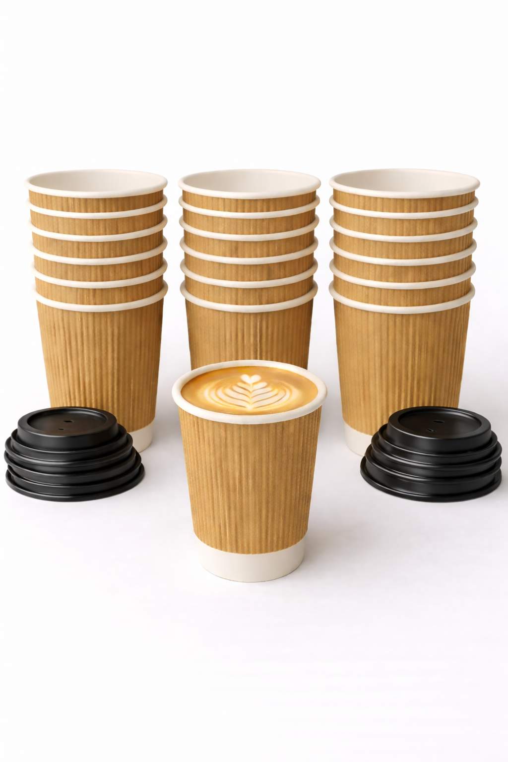 12oz Ripple Triple Wall Coffee Cups – Brown Insulated Chai & Tea Cups for Hot Drinks – Disposable Takeaway Cups for Café, Office & Events (Black Lids, 1000)