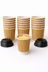 12oz Ripple Triple Wall Coffee Cups – Brown Insulated Chai & Tea Cups for Hot Drinks – Disposable Takeaway Cups for Café, Office & Events (Black Lids, 1000)
