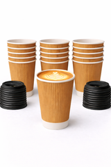 e-lite® 16oz Ripple Triple Wall Coffee Cups with Lids – Insulated Kraft Takeaway Cups for Hot Drinks, Chai & Tea – Brown Disposable Cups with Black or White Lids (Black Lids, 1000)