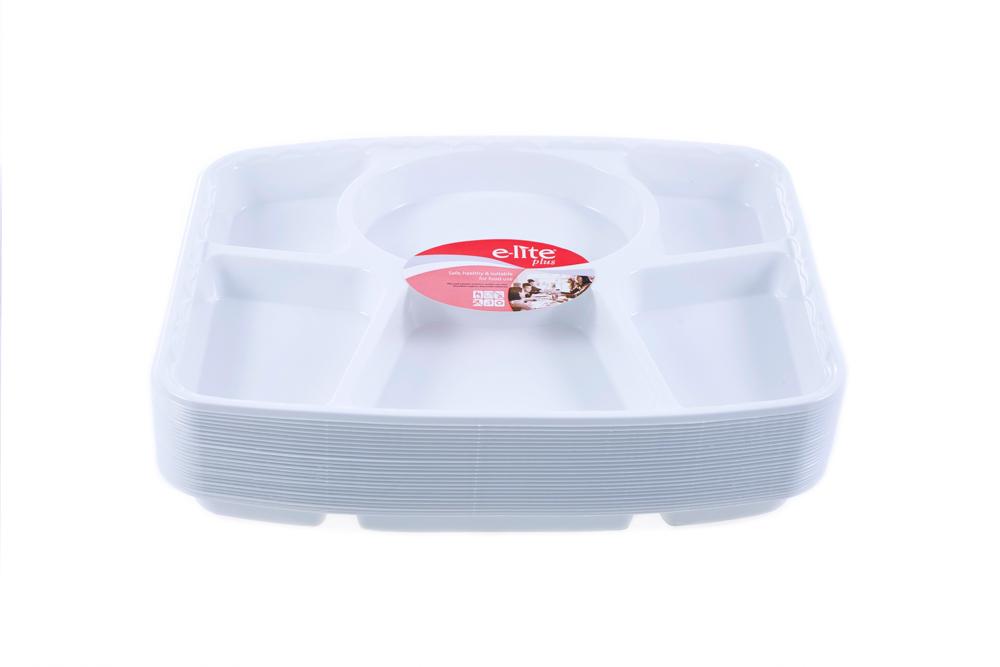 6 Compartment Punjabi Thali Disposable Plastic Plates Ideal For Weddings, Catering And Fast Food, branded e-lite